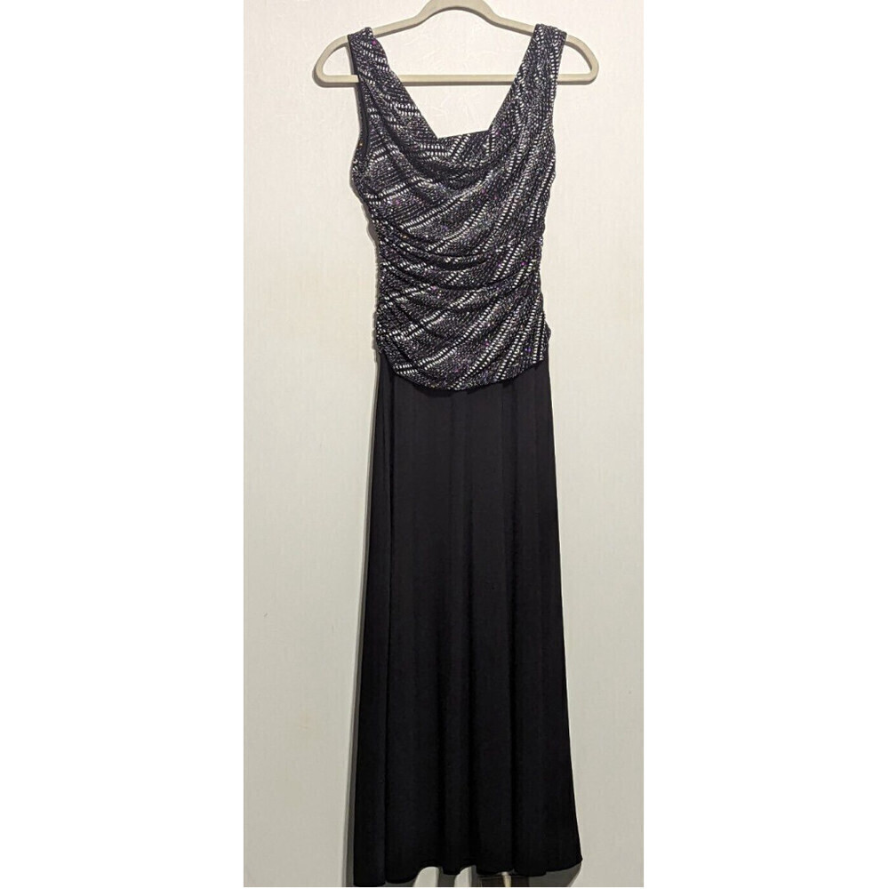 R&M Richards Black Metallic Silver Glitter Formal Maxi Cocktail Sheath Dress 4P